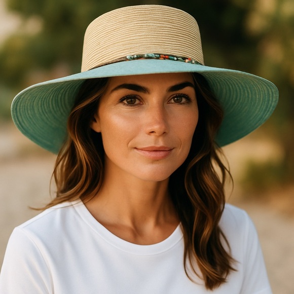NWOT Kallina Wide Brim Sun Hat Blue Tan Beaded Butterfly Charm Sun Protection - Picture 13 of 13